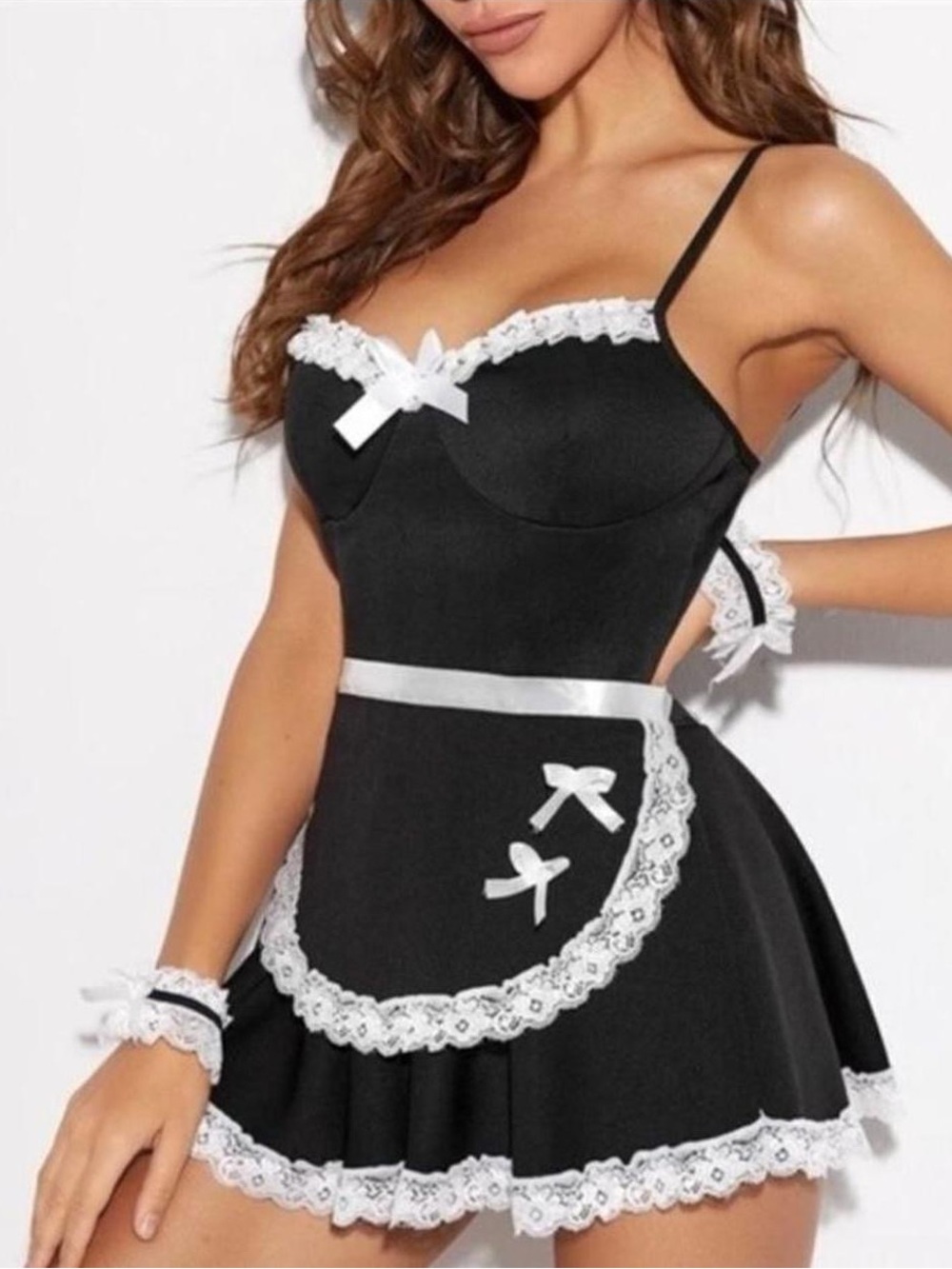 Black & White Lace Trim Mini Dress with Apron Detail